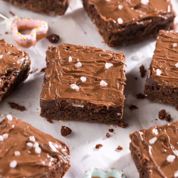 Chocolate-frosted brownies finished with flaked sea salt